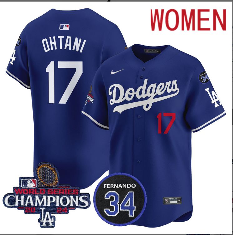 Women MLB Los Angeles Dodgers #17 Ohtani blue 2024 World Series Champions Patch Limited Jersey style 2->women mlb jersey->Women Jersey